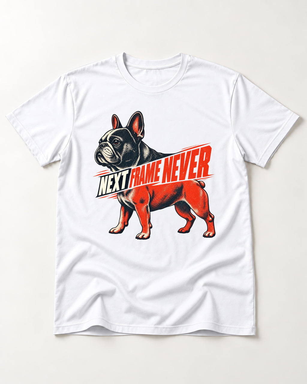 Frenchie Next Frame Never Motion Banner Graphic T-Shirt in White, flat lay product photo