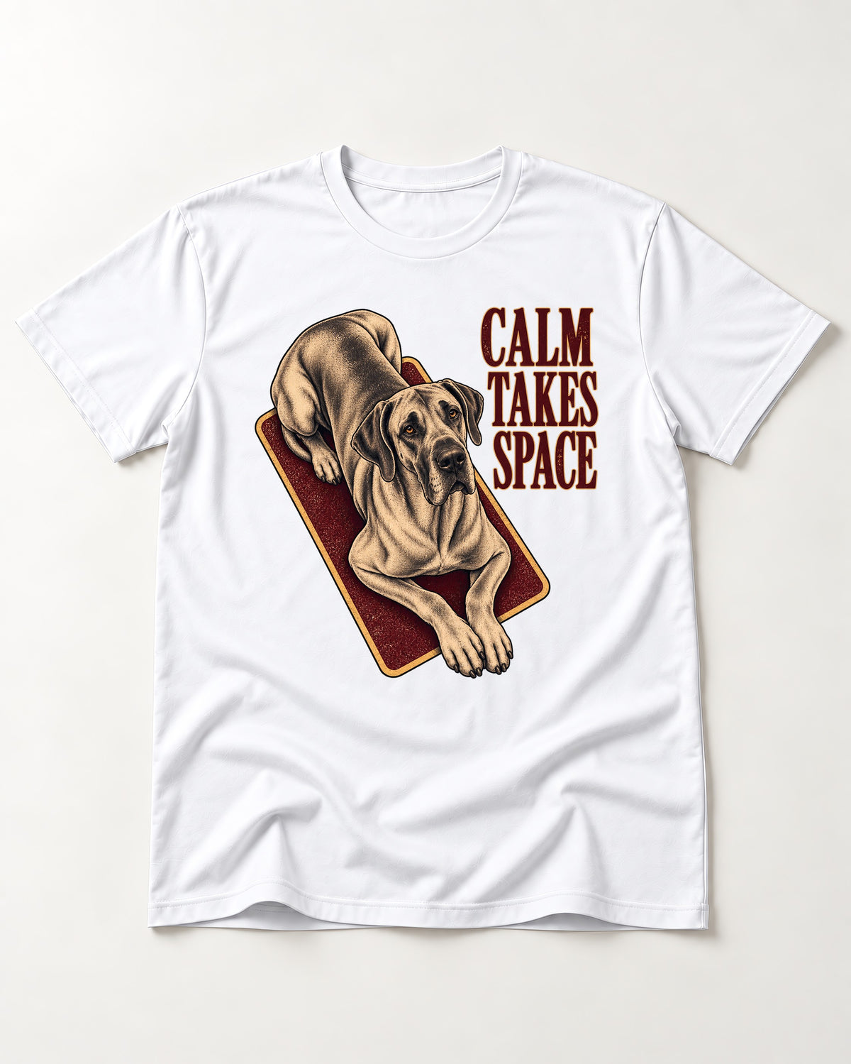 Great Dane Calm Takes Space T-Shirt in White, flat lay product photo