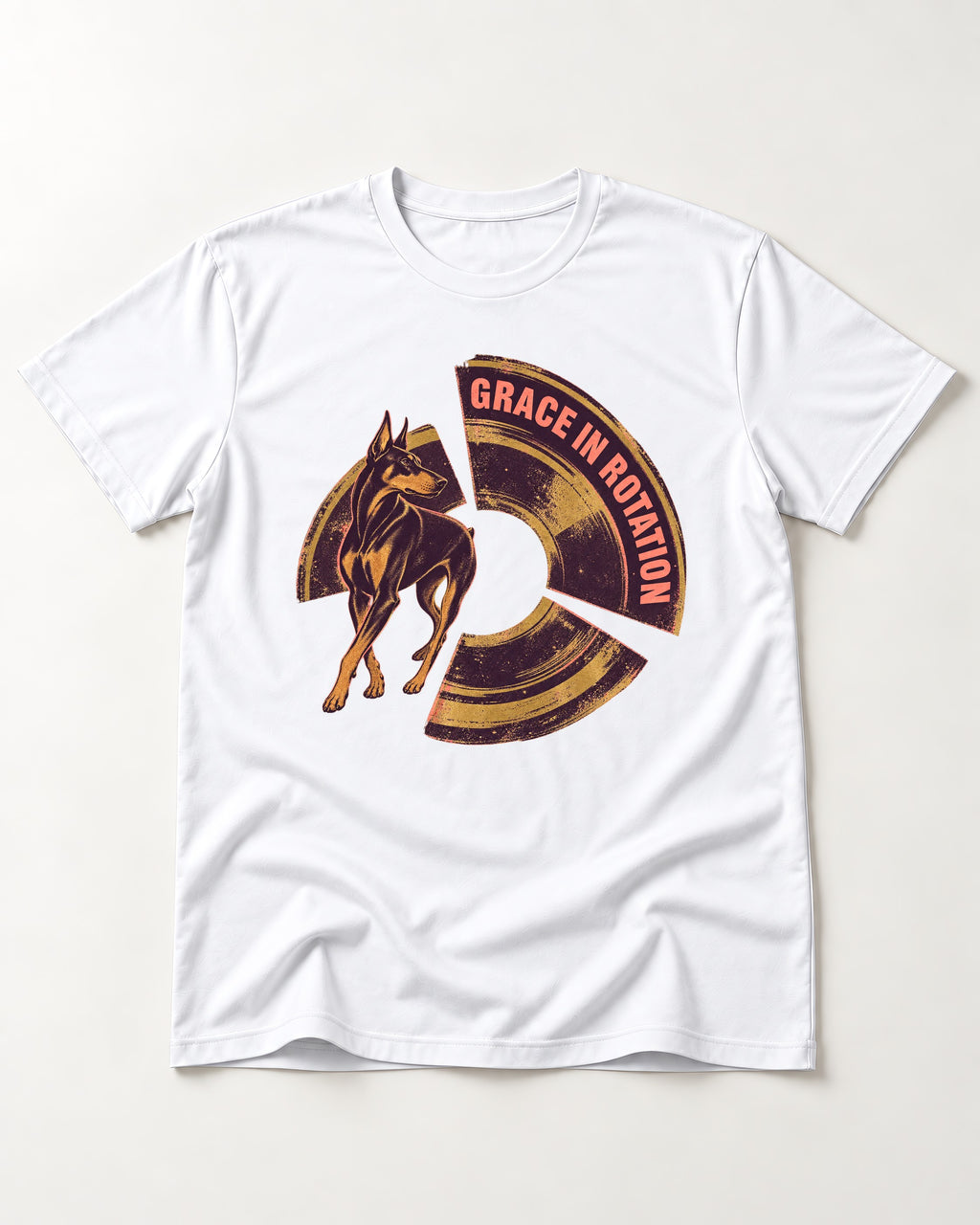 Doberman Grace in Rotation T-Shirt in White, flat lay product photo