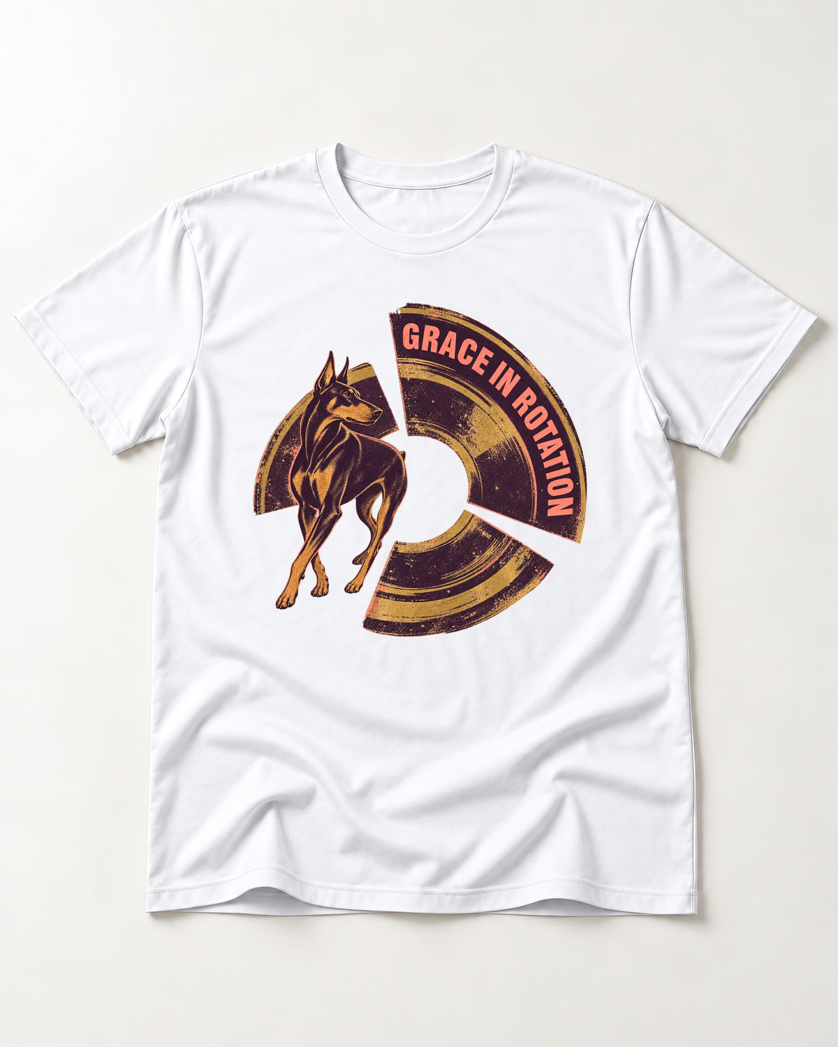 Doberman Grace in Rotation T-Shirt in White, flat lay product photo