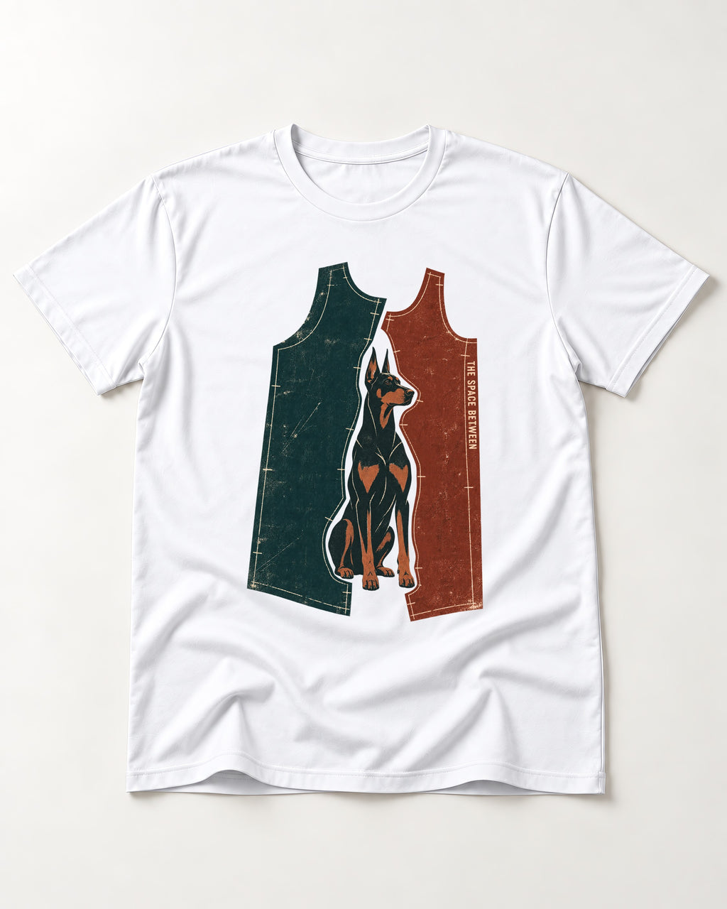 Doberman The Space Between Pattern Pieces Graphic T-Shirt in White, flat lay product photo