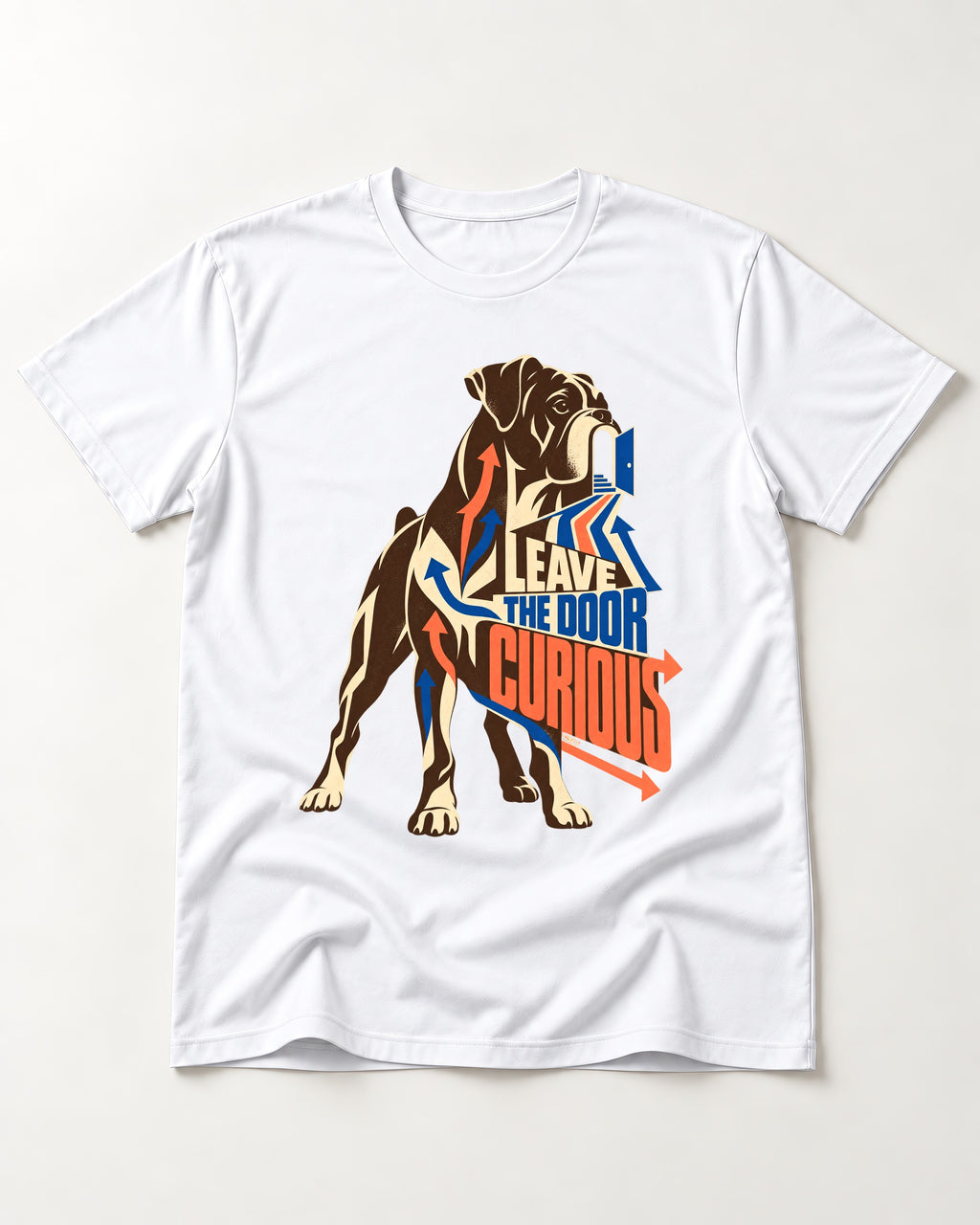 Leave the Door Curious Boxer Doorway Arrow Graphic T-Shirt in White, flat lay product photo