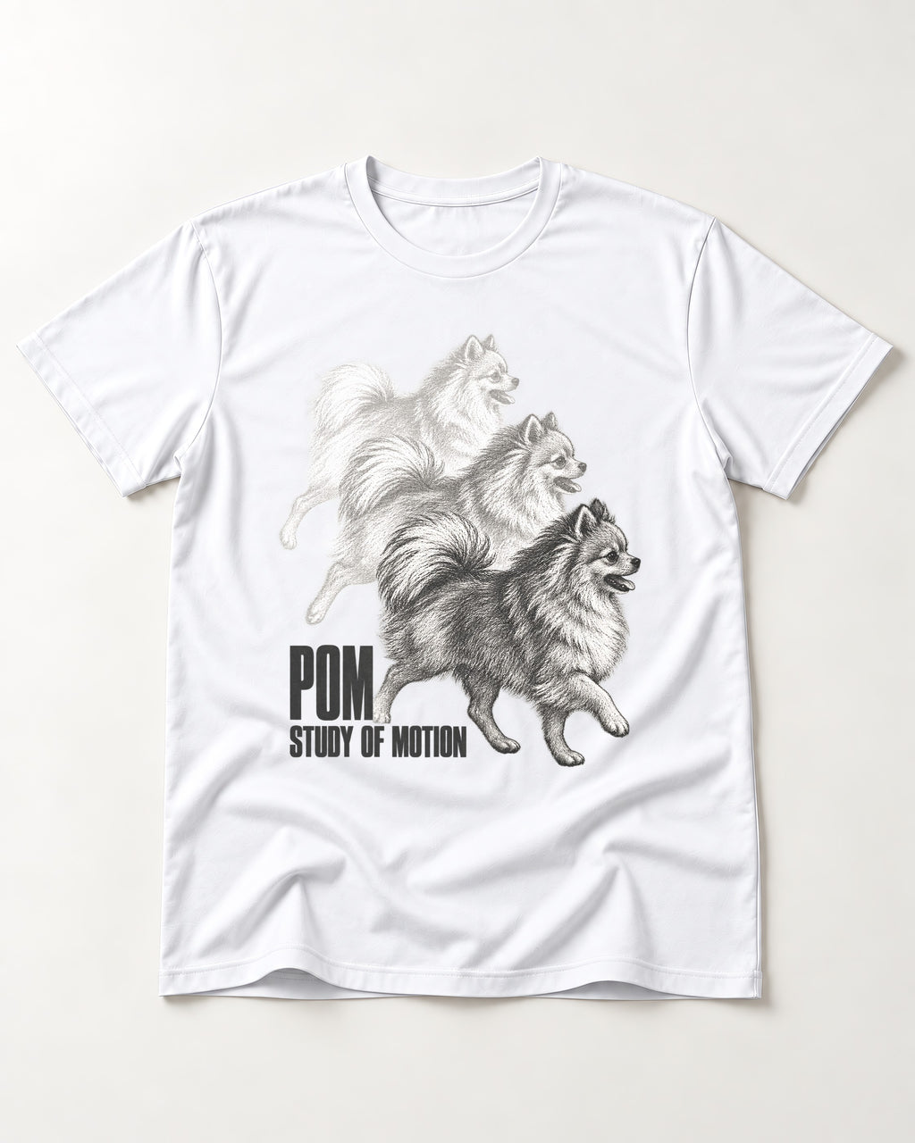Pomeranian Study of Motion T-Shirt in White, flat lay product photo