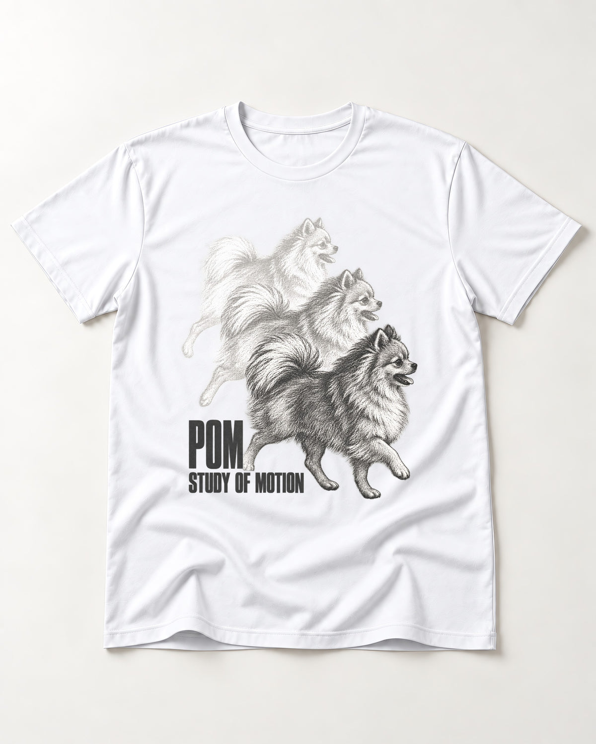 Pomeranian Study of Motion T-Shirt in White, flat lay product photo