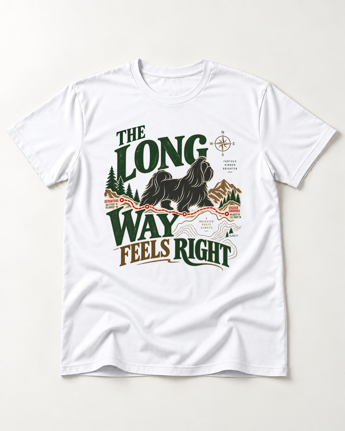 Shih Tzu Takes the Long Way T-Shirt in White, flat lay product photo
