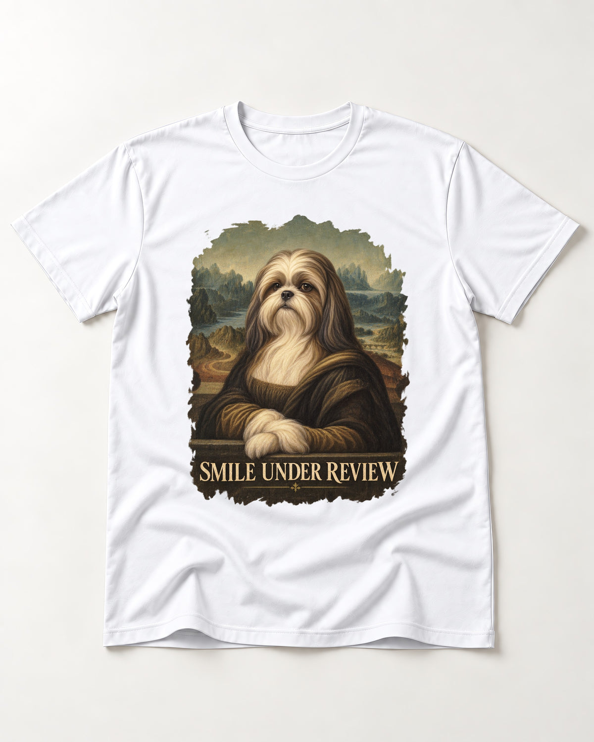 Shih Tzu Smile Under Review Old Master Portrait Graphic T-Shirt in White, flat lay product photo