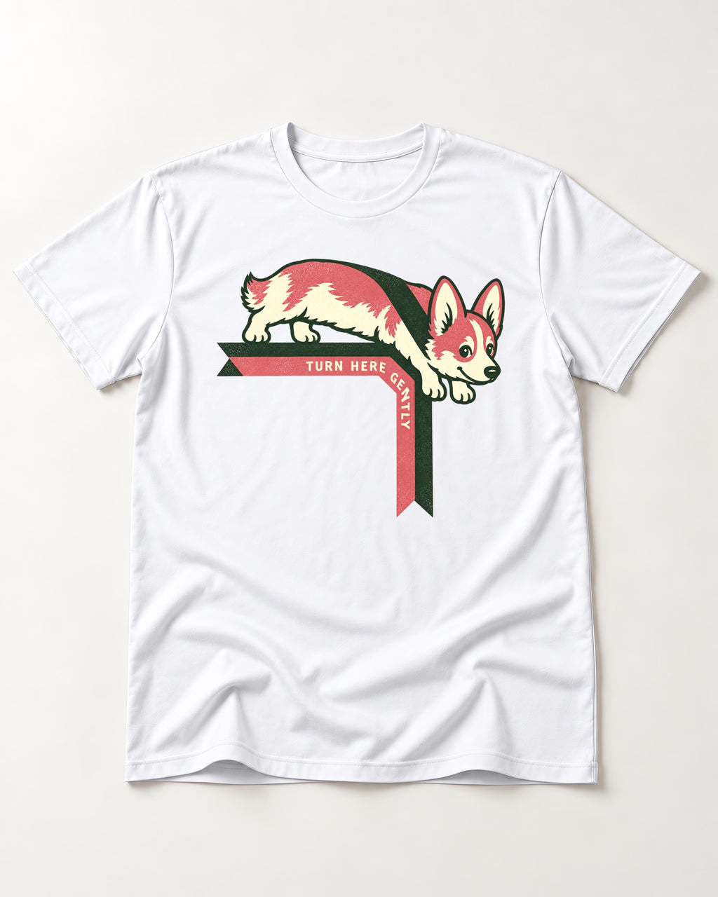 Corgi Turn Here Gently T-Shirt in White, flat lay product photo