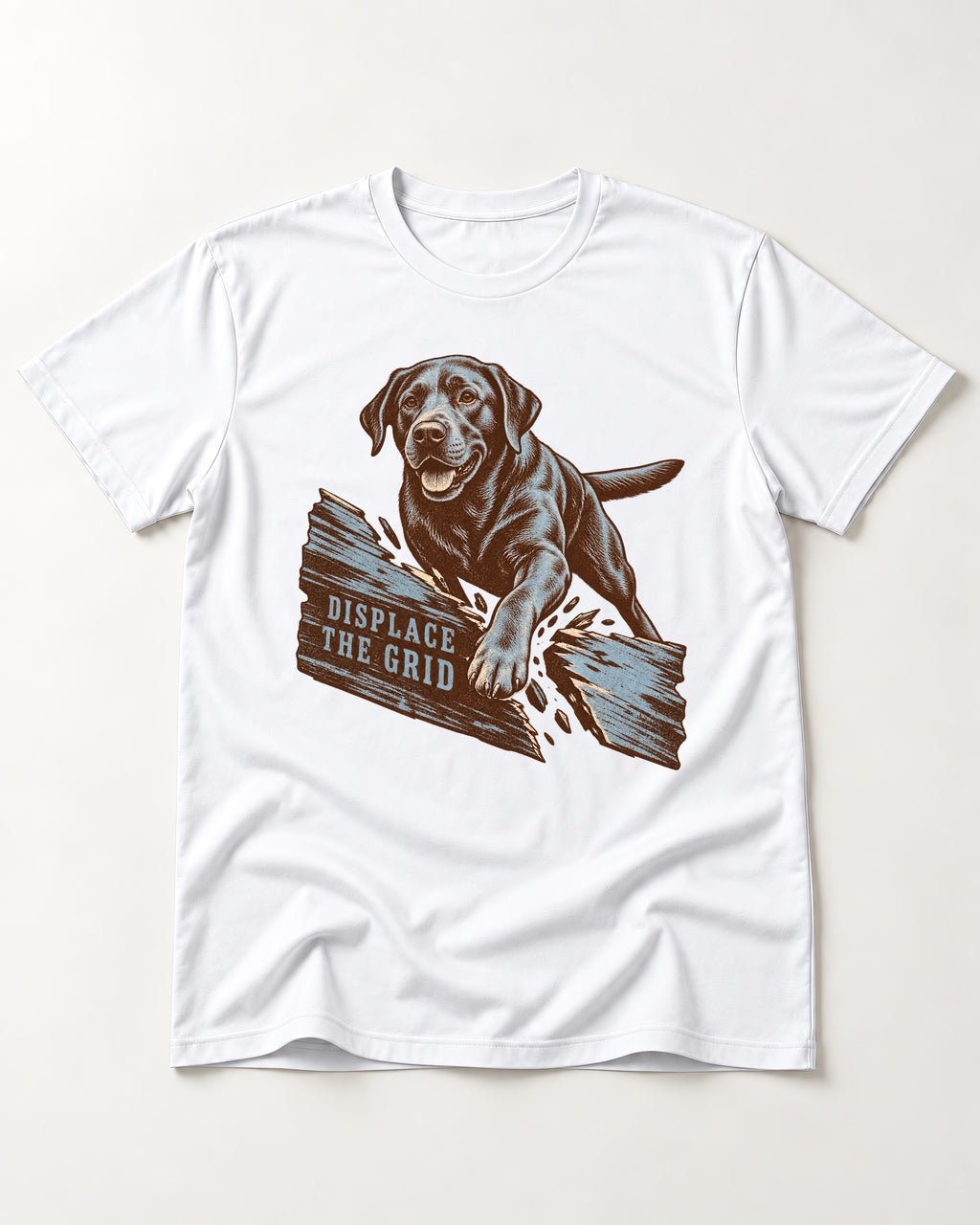 Labrador Retriever Displace the Grid Breaking Plank Graphic T-Shirt in White, flat lay product photo