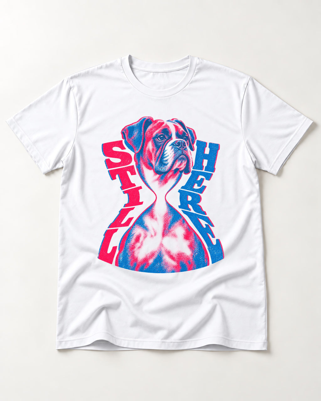 Stay Here Boxer Duotone Portrait T-Shirt in White, flat lay product photo