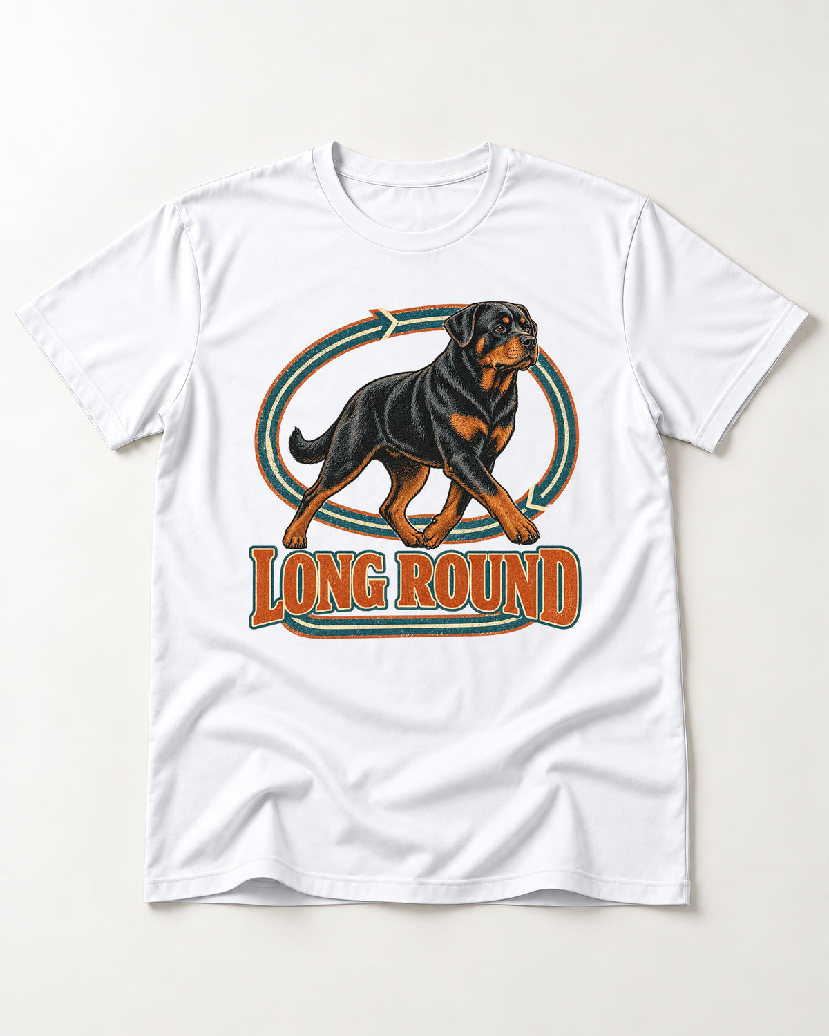 Rottweiler Long Round Circular Track Graphic T-Shirt in White, flat lay product photo