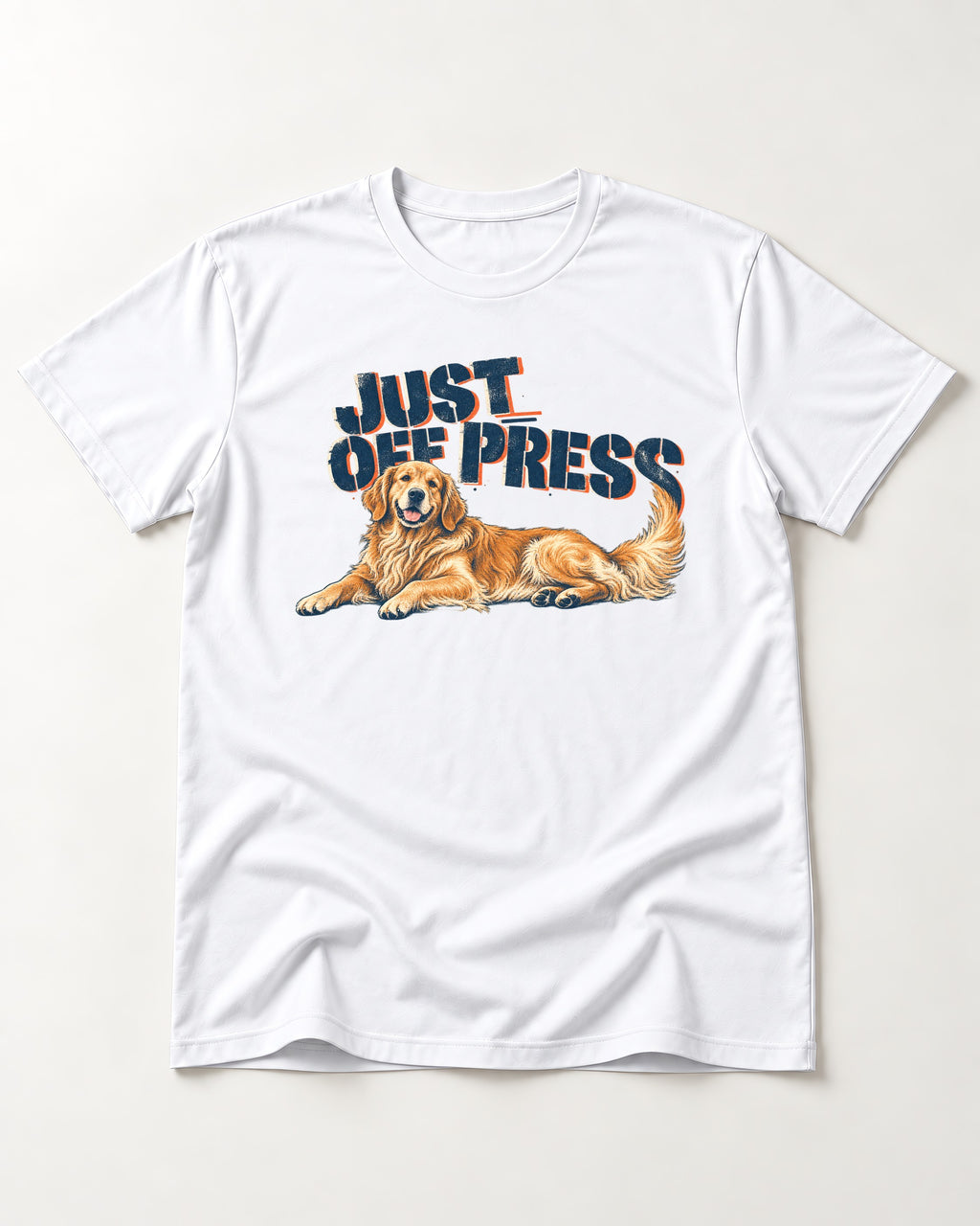 Golden Retriever Just Off Press T-Shirt in White, flat lay product photo