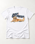 Golden Retriever Just Off Press T-Shirt in White, flat lay product photo