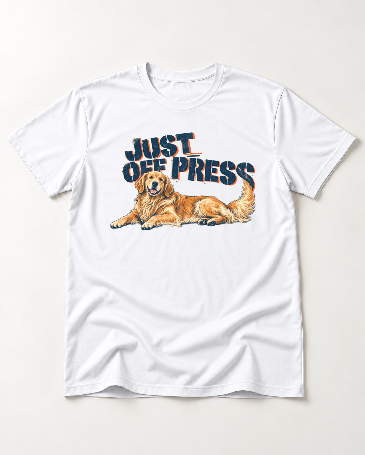 Golden Retriever Just Off Press T-Shirt in White, flat lay product photo