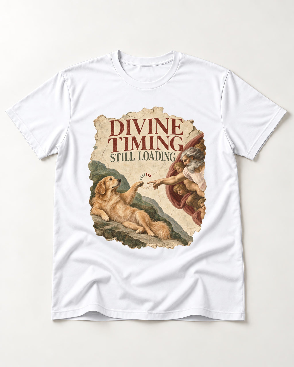 Divine Timing Still Loading Creation Scene Golden Retriever Graphic T-Shirt in White, flat lay product photo