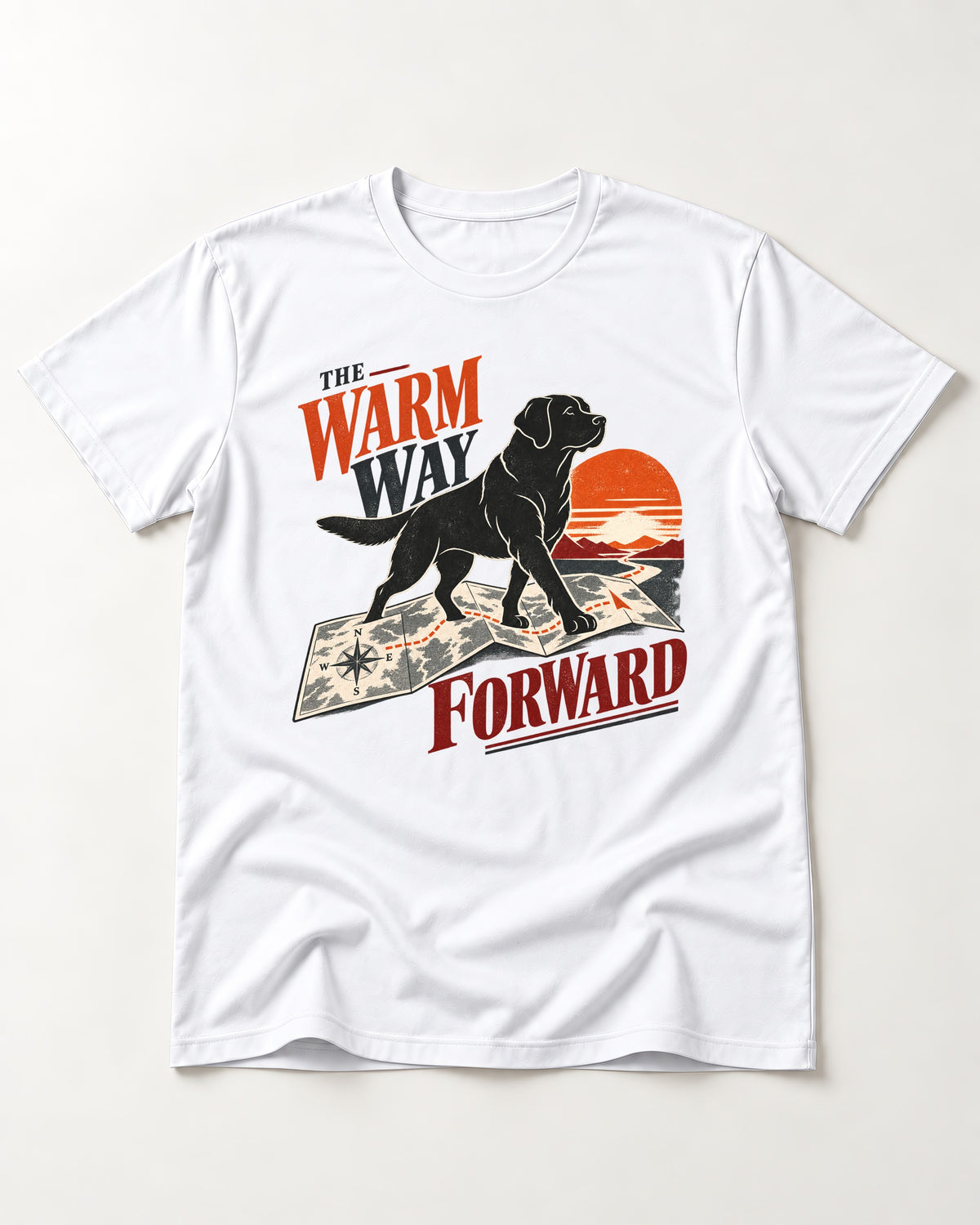 The Warm Way Forward Labrador Retriever T-Shirt in White, flat lay product photo