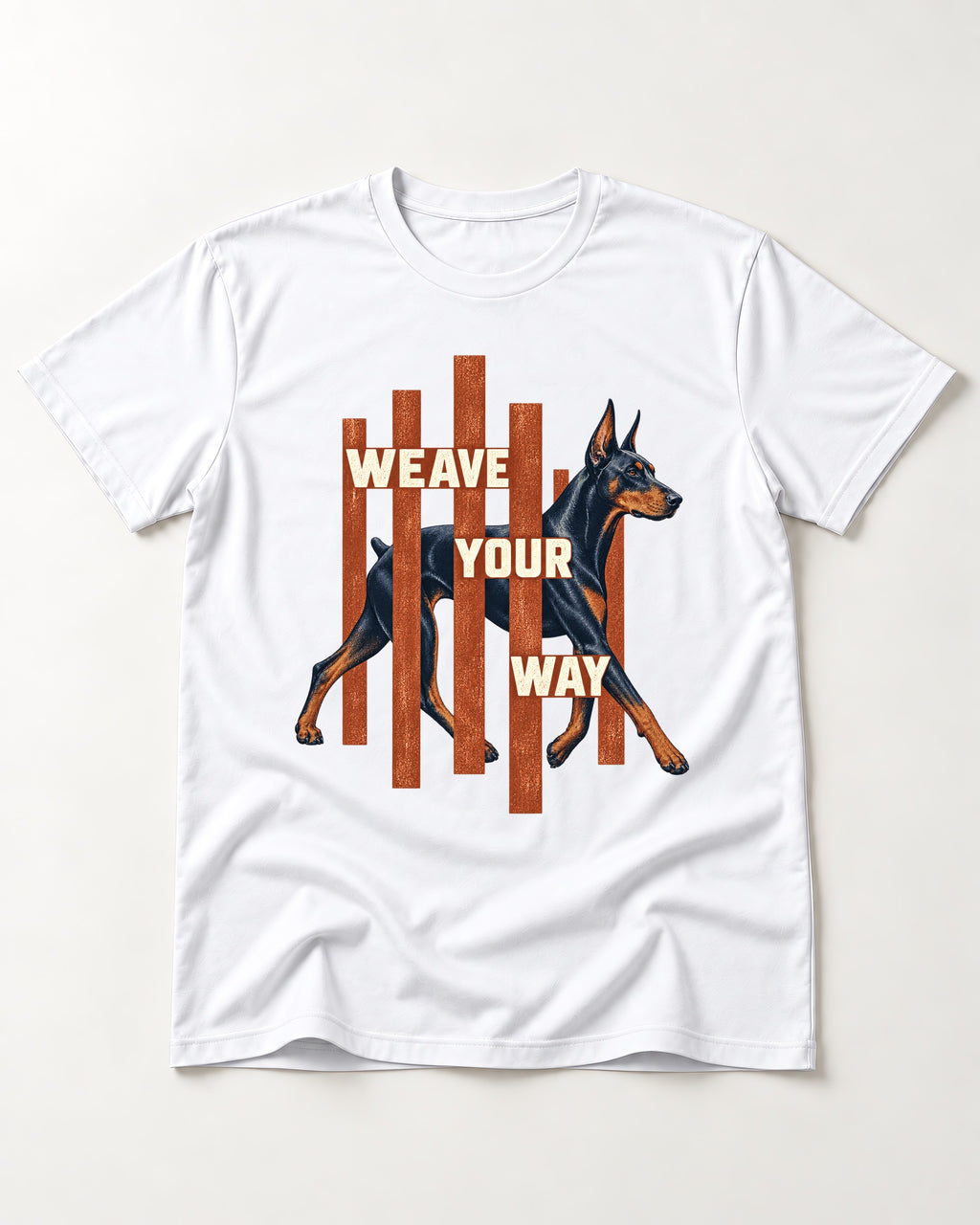Weave Your Way Doberman T-Shirt in White, flat lay product photo