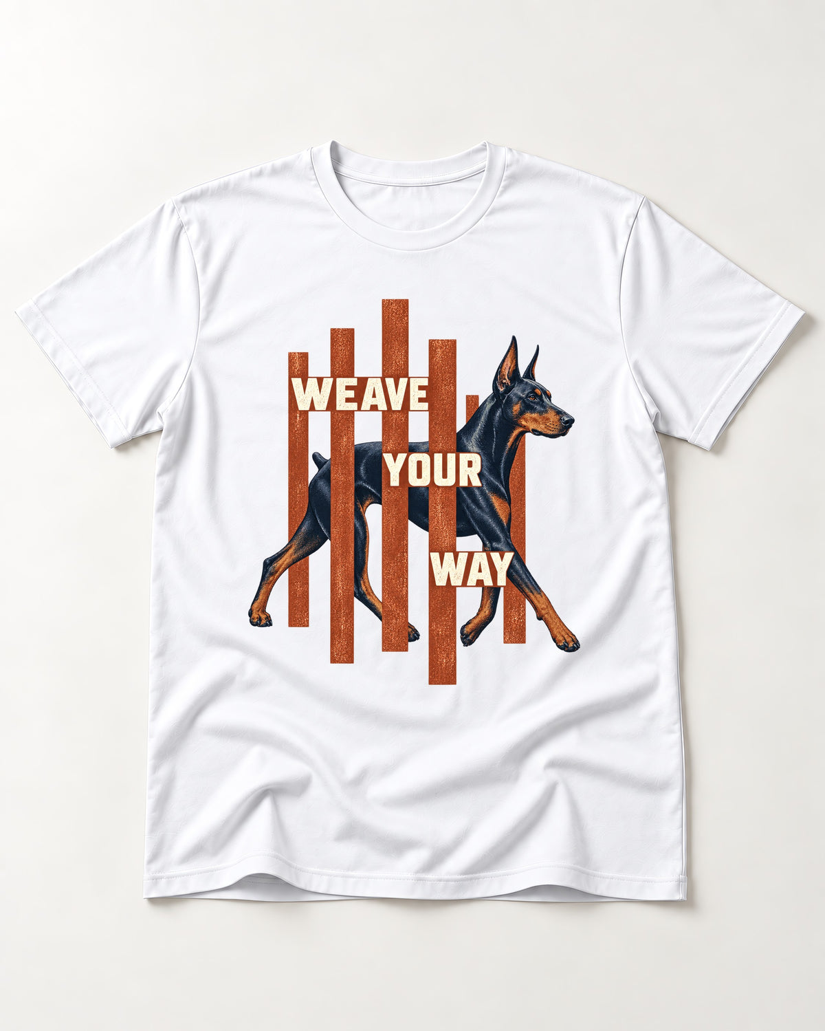 Weave Your Way Doberman T-Shirt in White, flat lay product photo