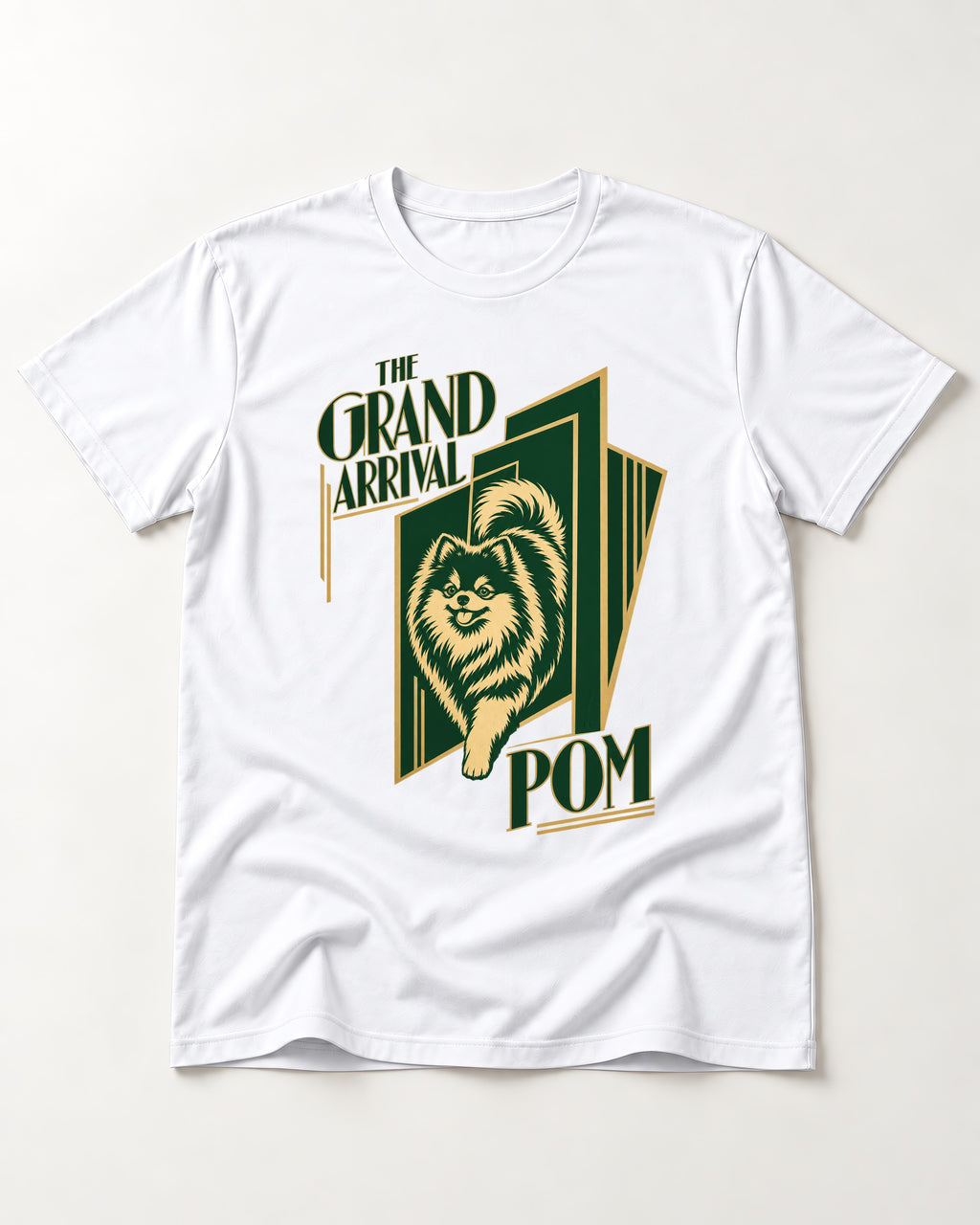 The Grand Arrival Pomeranian T-Shirt in White, flat lay product photo