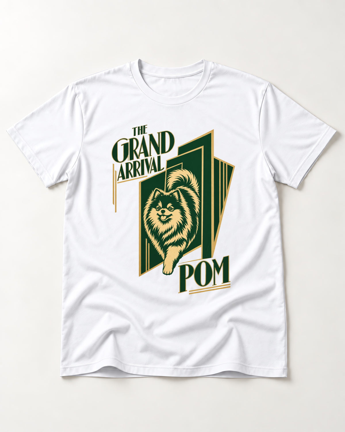 The Grand Arrival Pomeranian T-Shirt in White, flat lay product photo