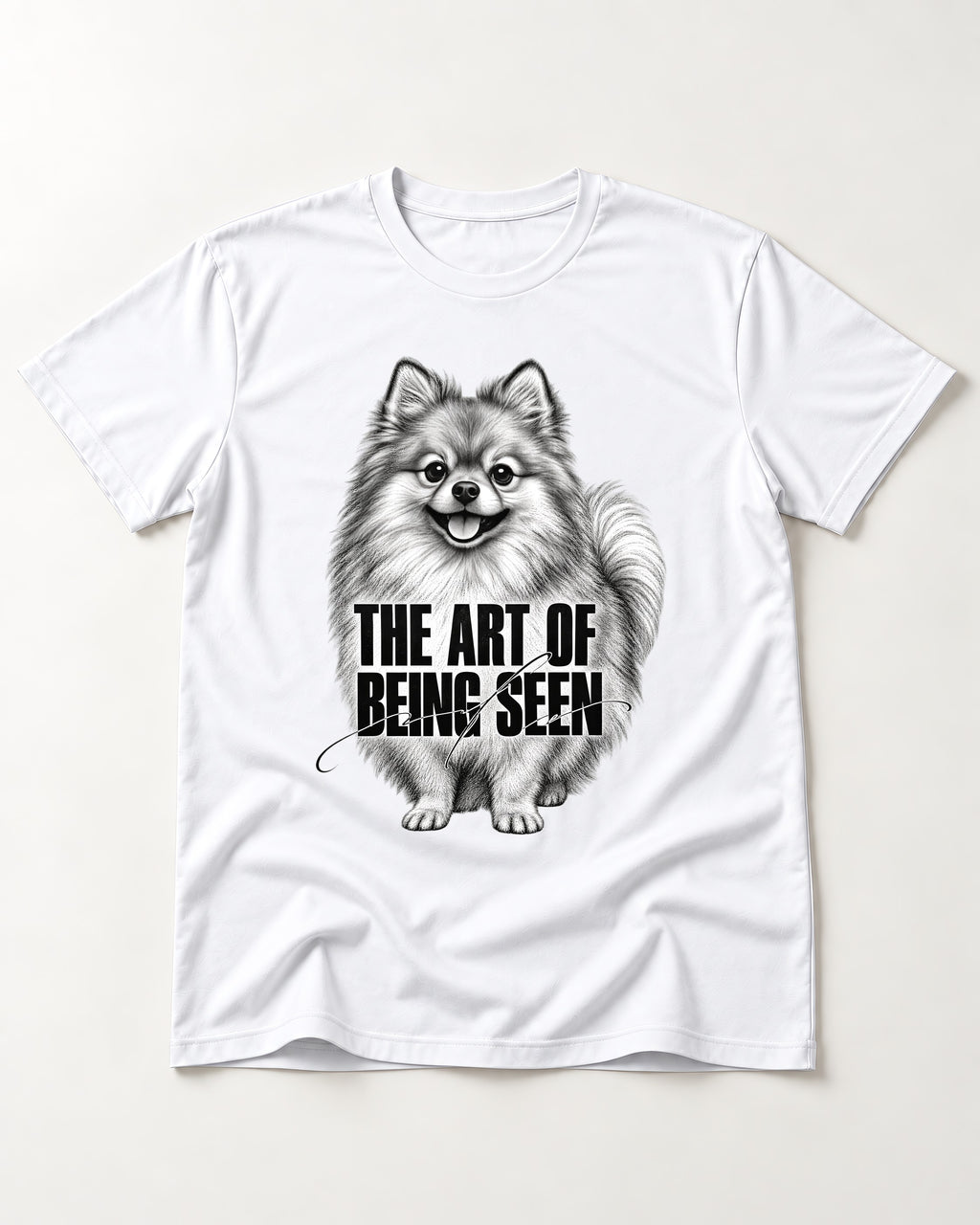 Pomeranian The Art of Being Seen Portrait Graphic T-Shirt in White, flat lay product photo