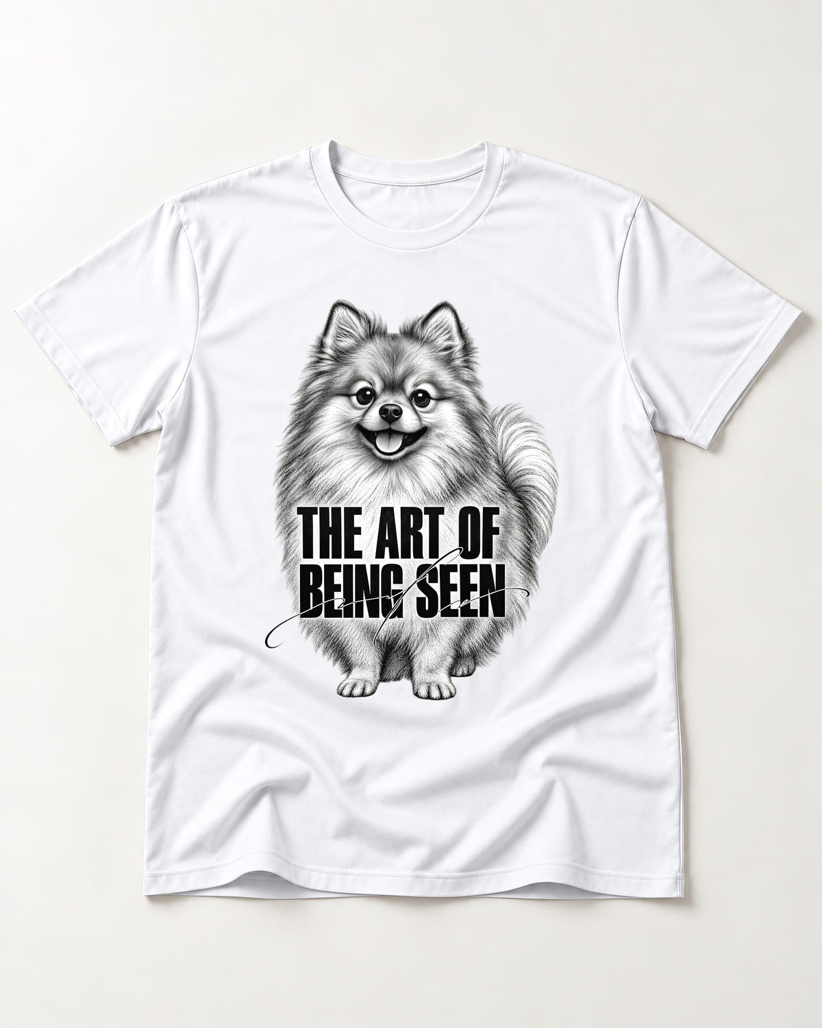 Pomeranian The Art of Being Seen Portrait Graphic T-Shirt in White, flat lay product photo