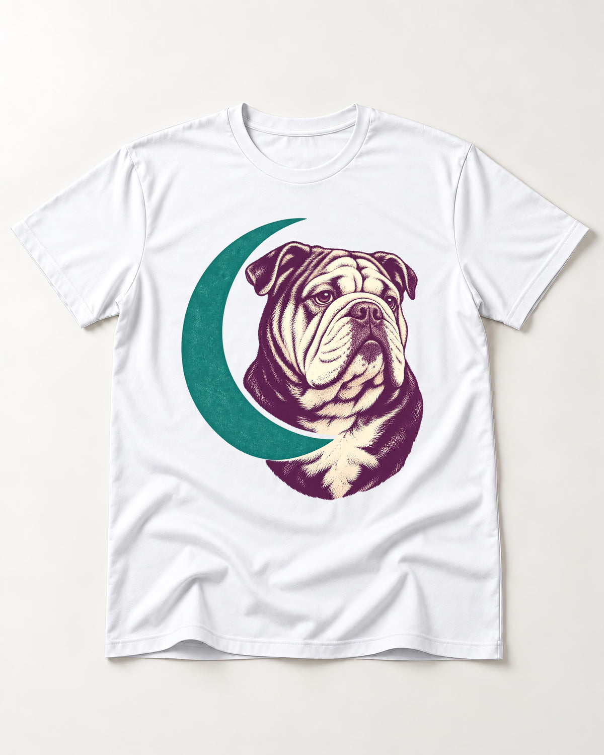 Moonstruck English Bulldog T-Shirt in White, flat lay product photo