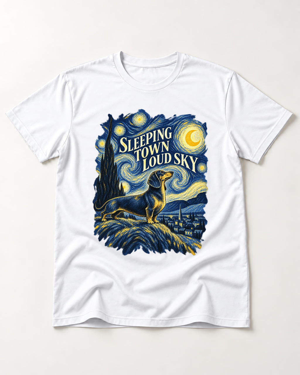 Dachshund Sleeping Town Loud Sky Starry Night Graphic T-Shirt in White, flat lay product photo