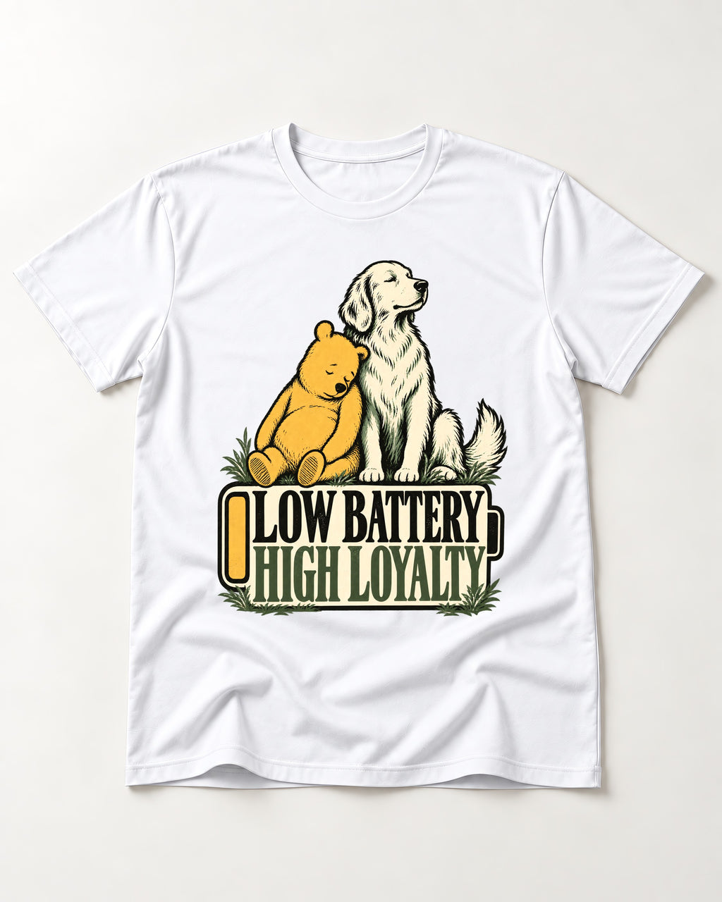 Golden Retriever Low Battery High Loyalty T-Shirt in White, flat lay product photo