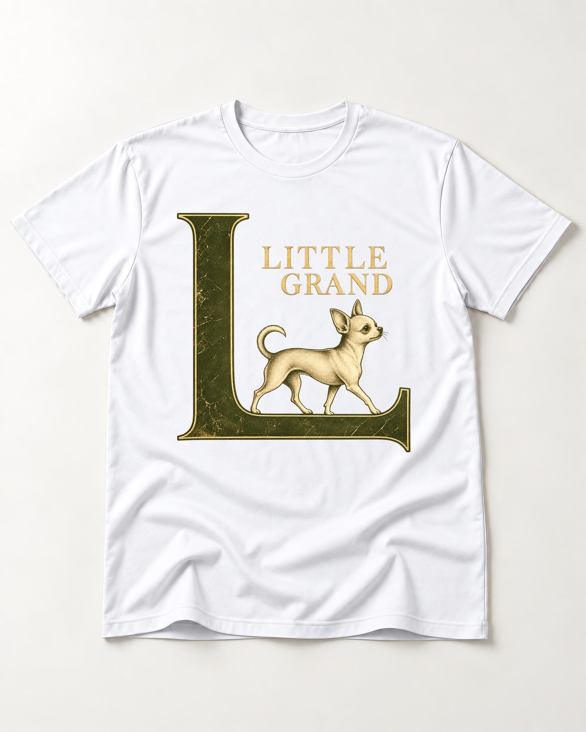 Little Grand Chihuahua T-Shirt in White, flat lay product photo