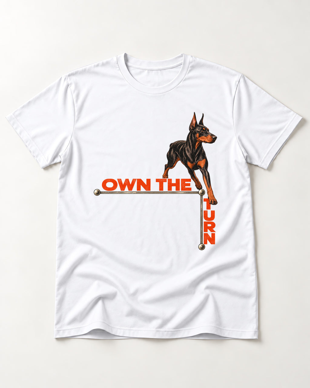 Own the Turn Doberman T-Shirt in White, flat lay product photo