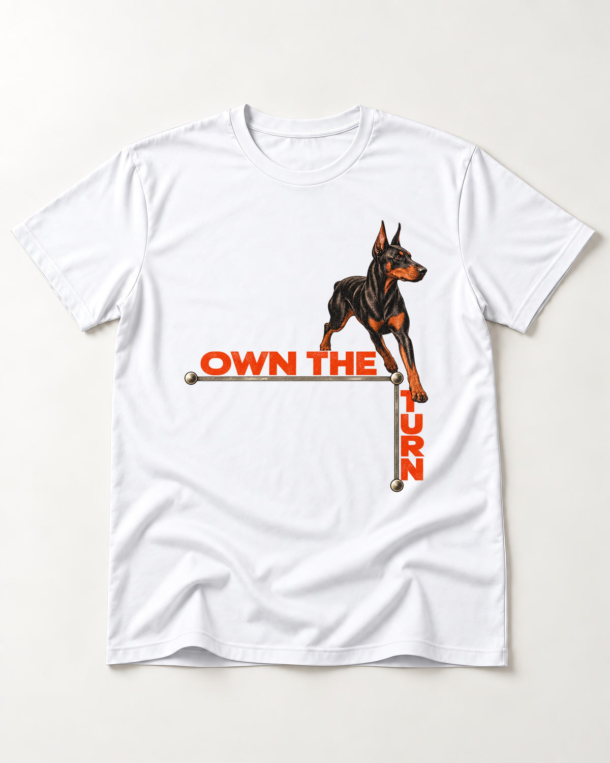 Own the Turn Doberman T-Shirt in White, flat lay product photo