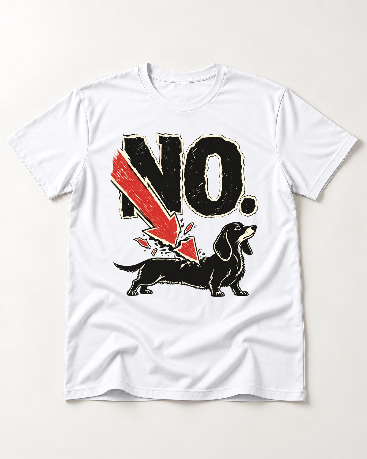 Dachshund Says No T-Shirt in White, flat lay product photo