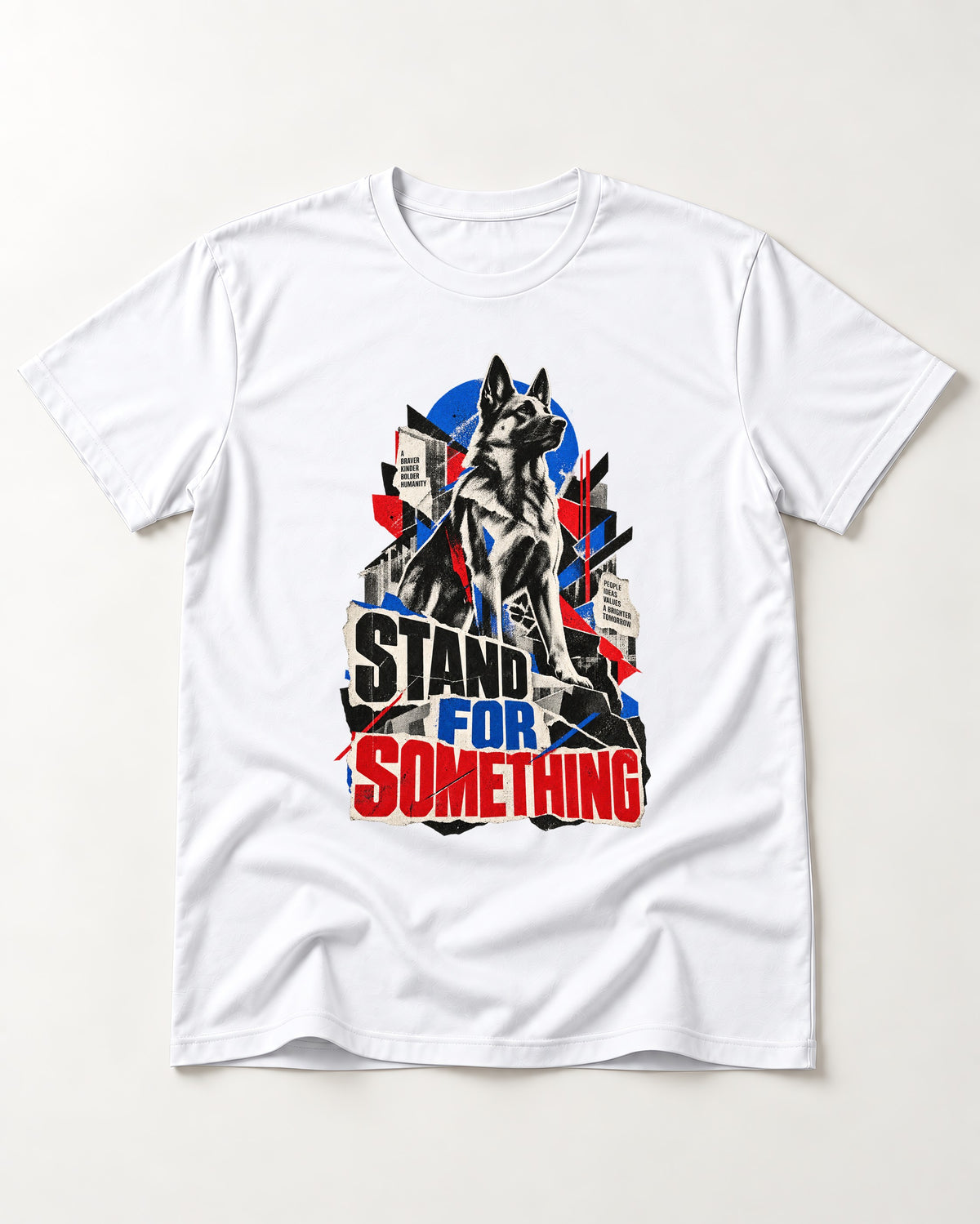 Stand For Something Brutalist Collage German Shepherd Dog Graphic T-Shirt in White, flat lay product photo