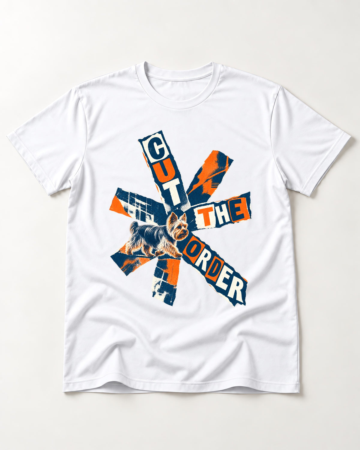 Yorkshire Terrier Cut the Order Radial Collage Graphic T-Shirt in White, flat lay product photo