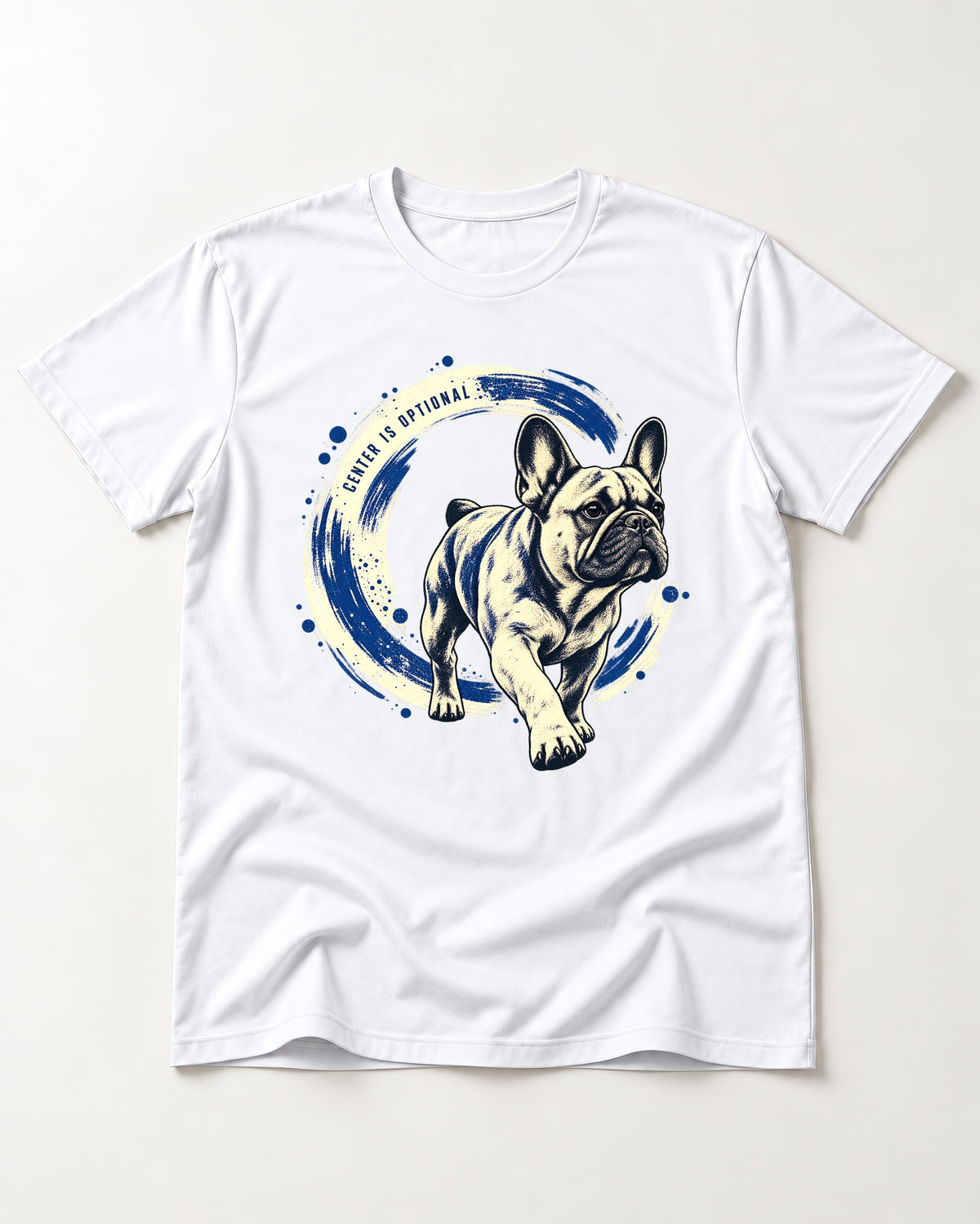 Frenchie Center Is Optional Brush Circle Graphic T-Shirt in White, flat lay product photo