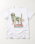 Outside Register Golden Retriever T-Shirt in White, flat lay product photo