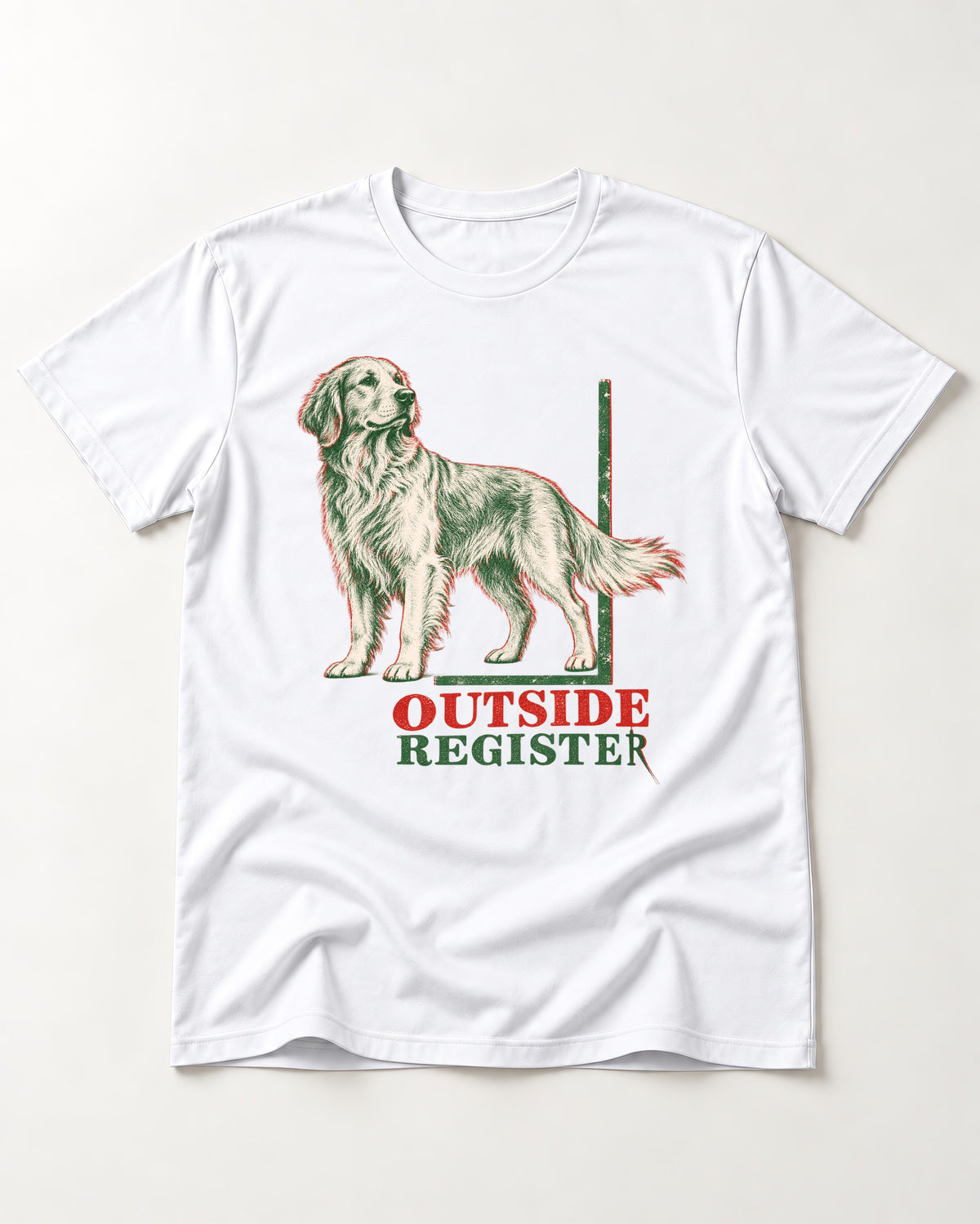 Outside Register Golden Retriever T-Shirt in White, flat lay product photo