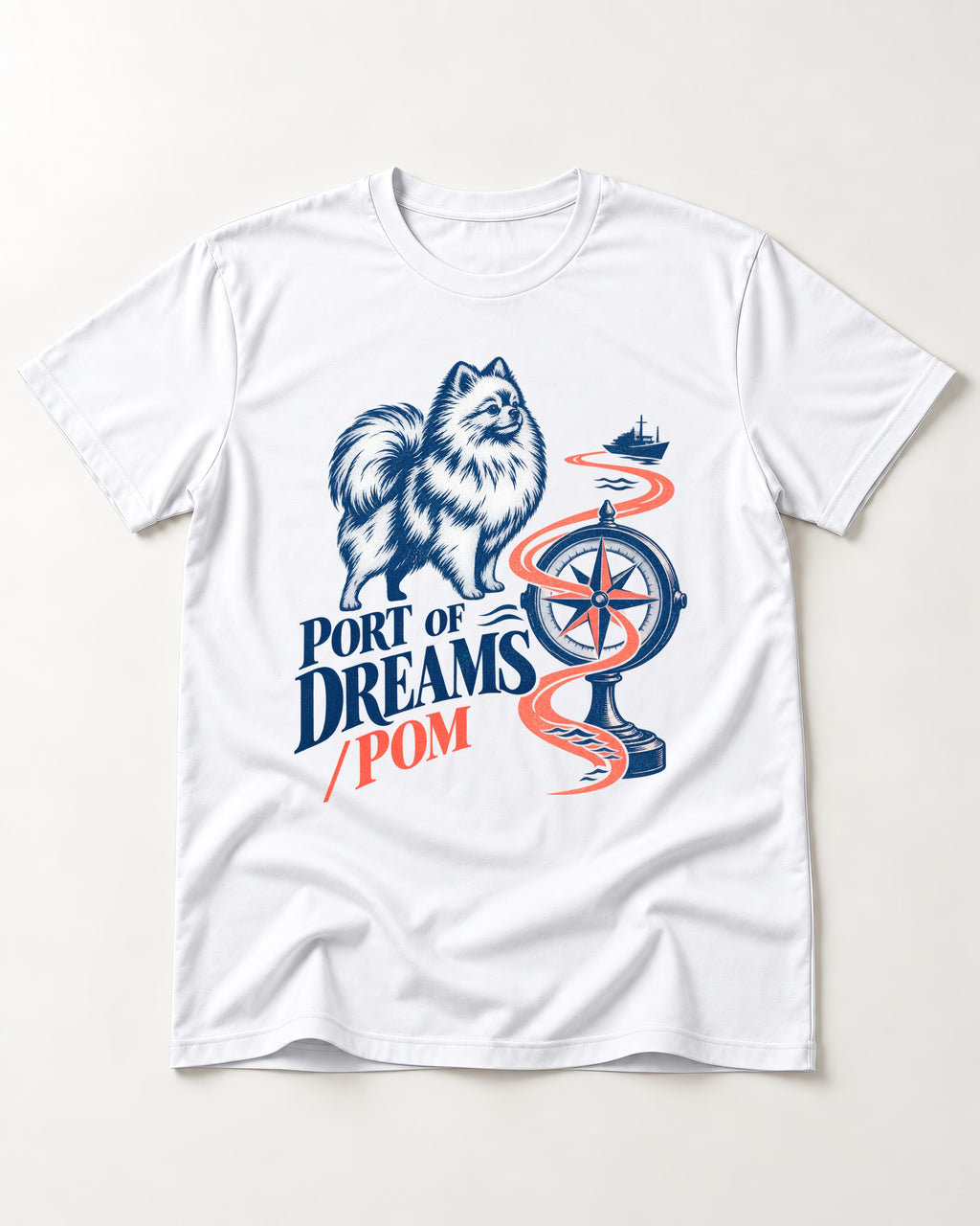 Pomeranian Port of Dreams T-Shirt in White, flat lay product photo