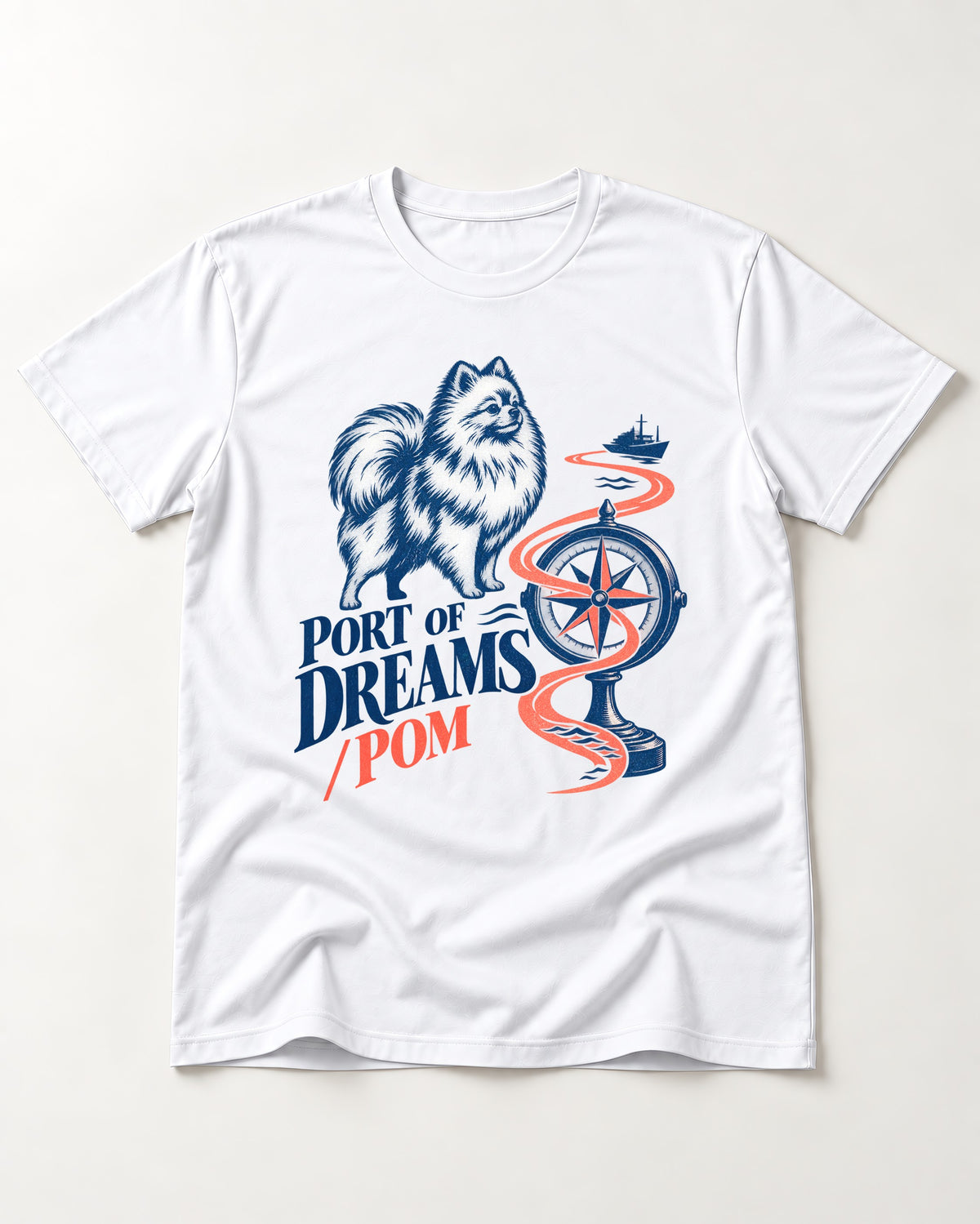 Pomeranian Port of Dreams T-Shirt in White, flat lay product photo