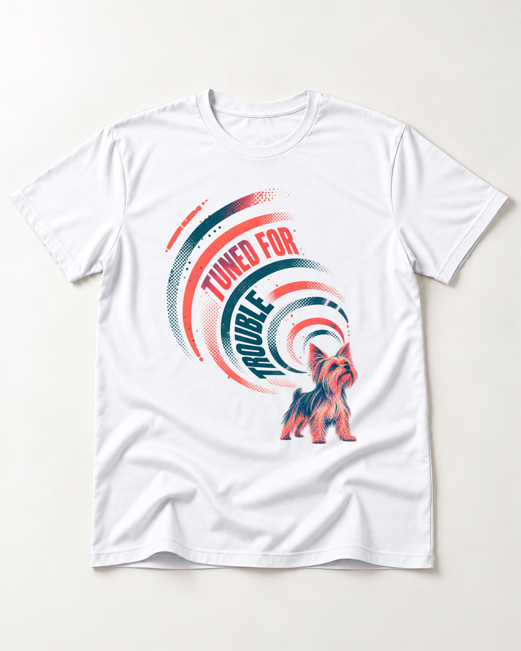 Yorkshire Terrier Tuned for Trouble T-Shirt in White, flat lay product photo