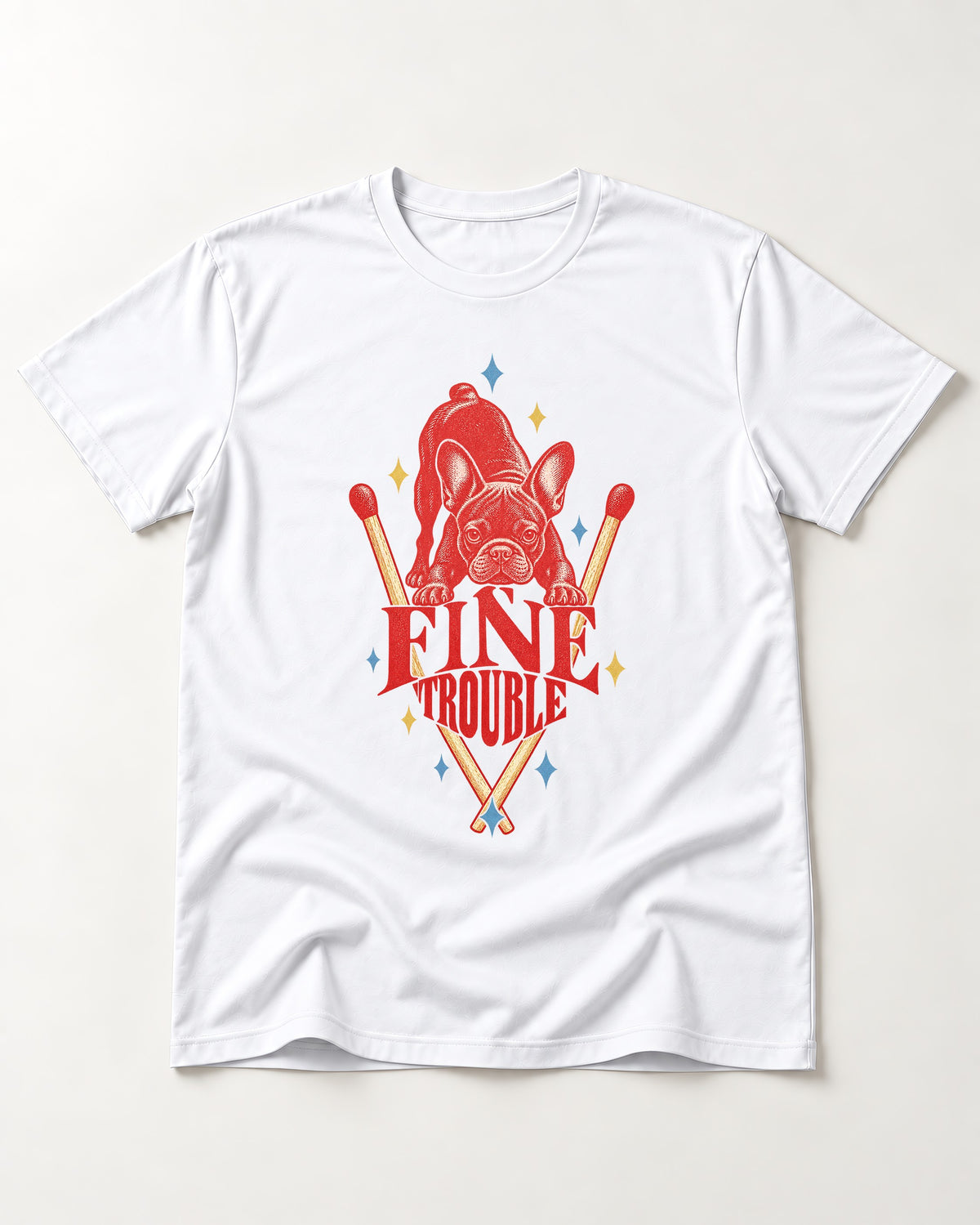Fine Trouble Boston Terrier Matchstick Graphic T-Shirt in White, flat lay product photo