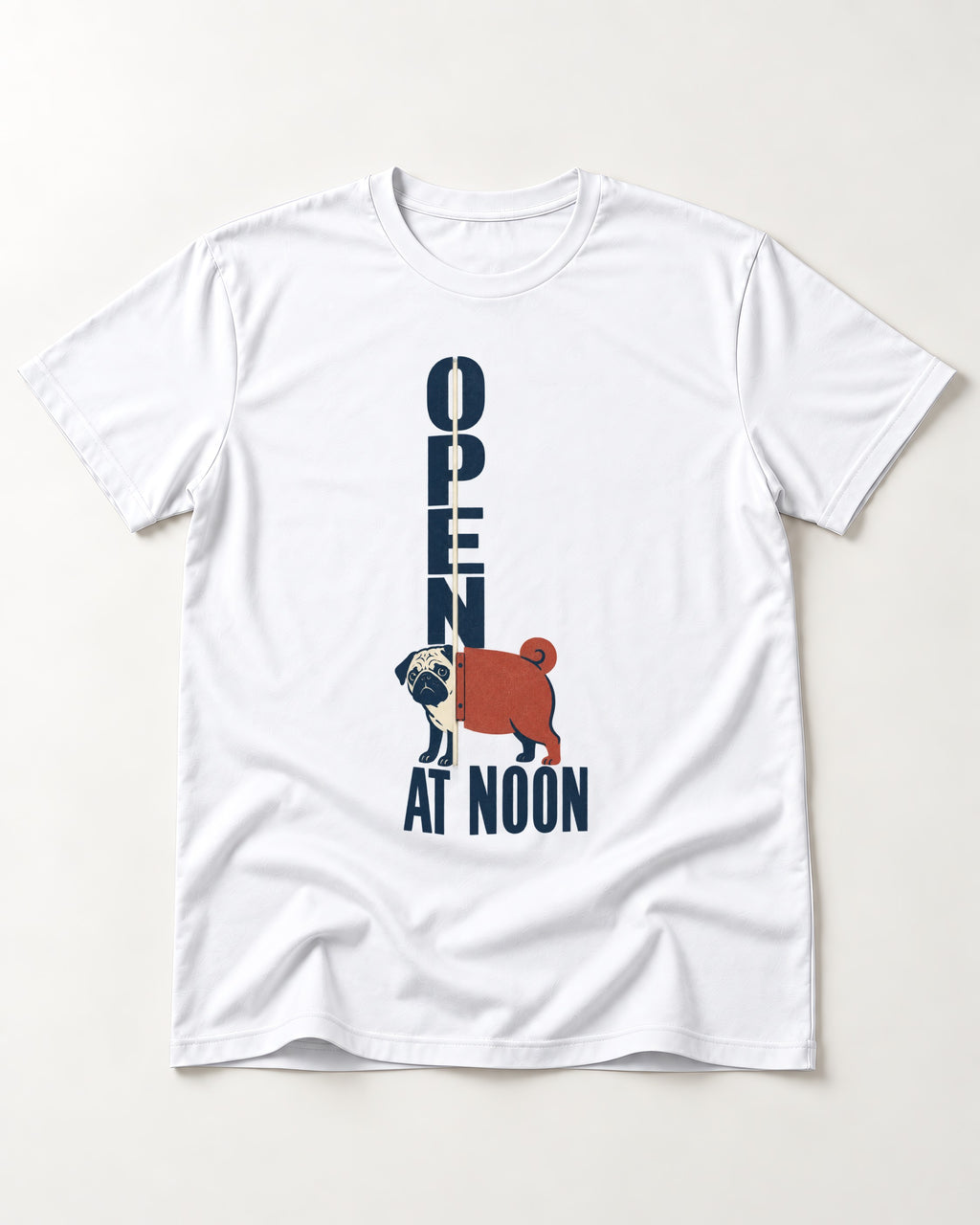 Pug Open at Noon T-Shirt in White, flat lay product photo