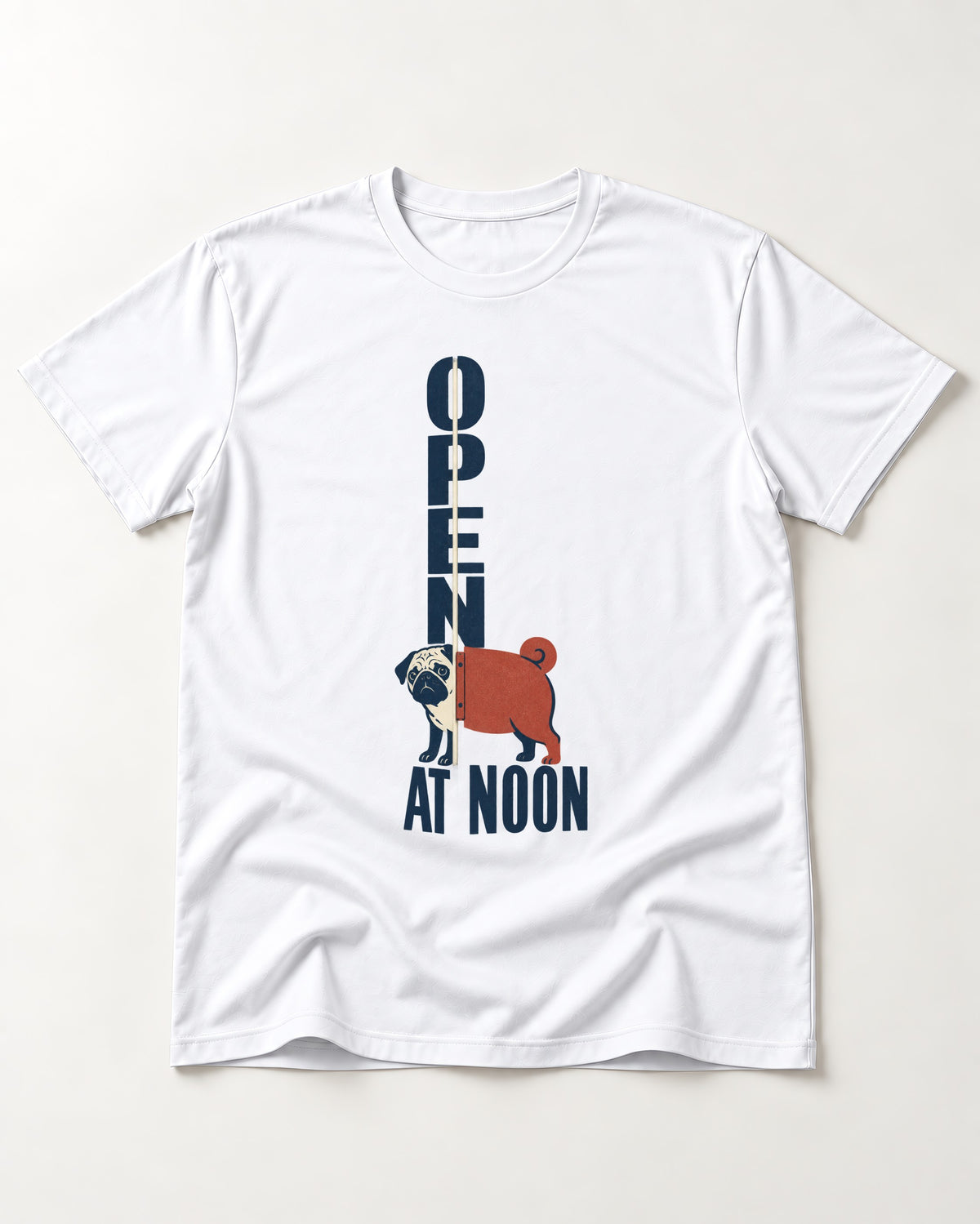 Pug Open at Noon T-Shirt in White, flat lay product photo