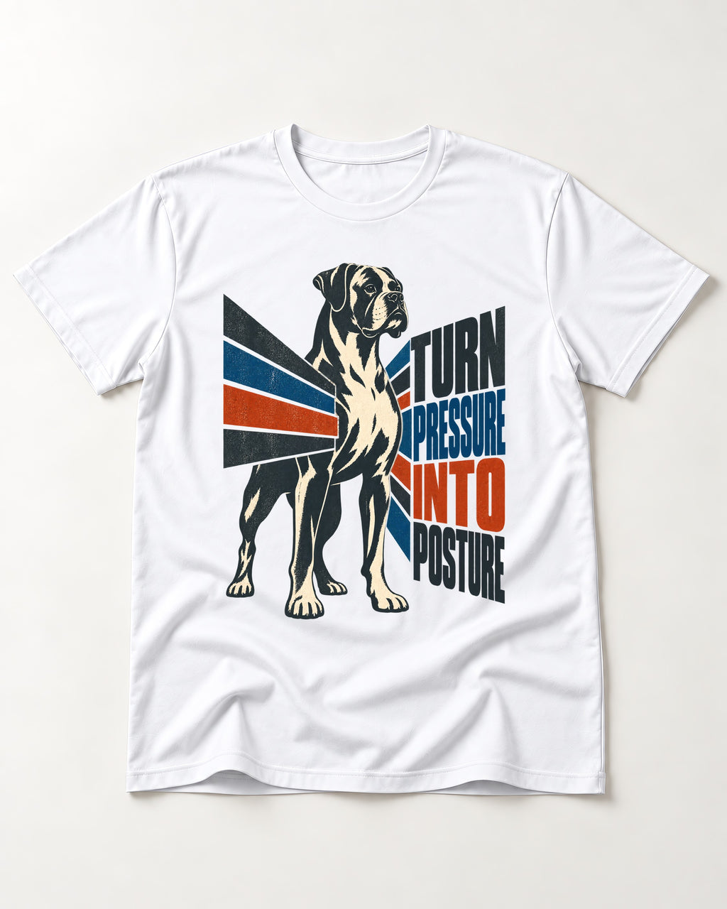 Boxer Turn Pressure Into Posture T-Shirt in White, flat lay product photo