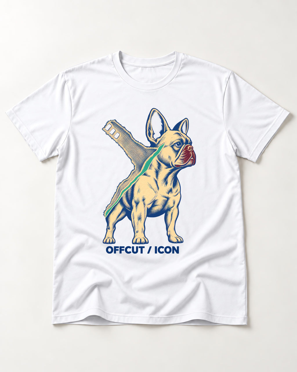Offcut Frenchie Icon T-Shirt in White, flat lay product photo