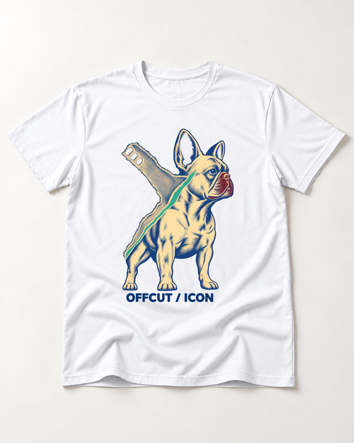 Offcut Frenchie Icon T-Shirt in White, flat lay product photo