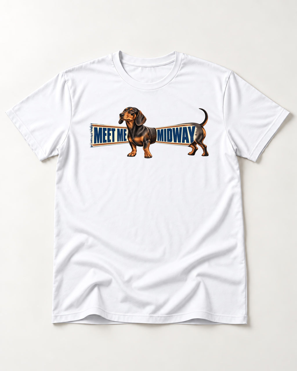 Dachshund Meet Me Midway T-Shirt in White, flat lay product photo