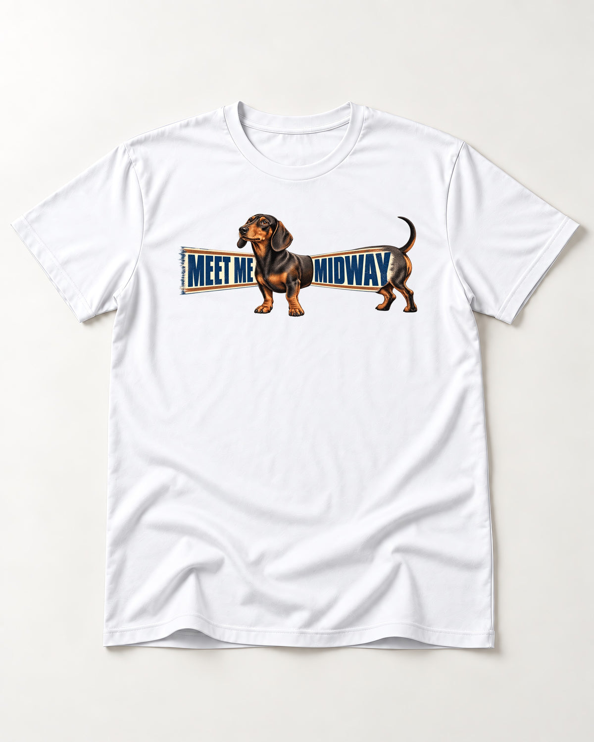 Dachshund Meet Me Midway T-Shirt in White, flat lay product photo