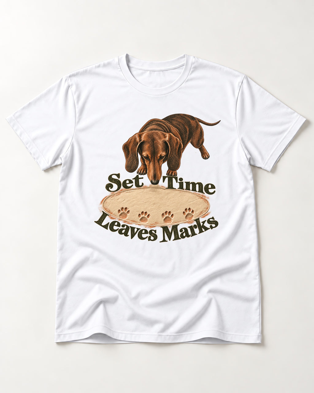 Dachshund Time Leaves Marks T-Shirt in White, flat lay product photo