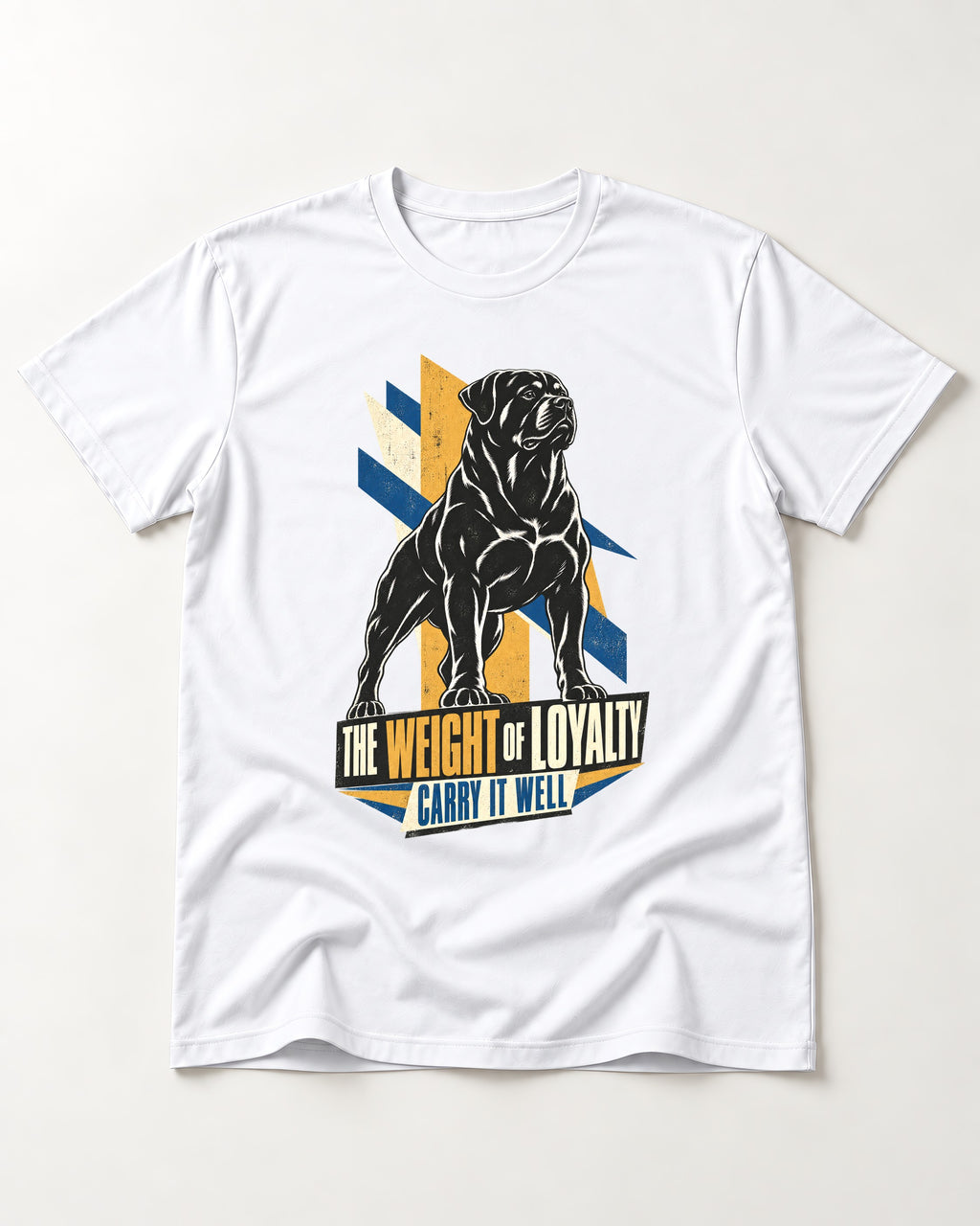Rottweiler Weight of Loyalty T-Shirt in White, flat lay product photo